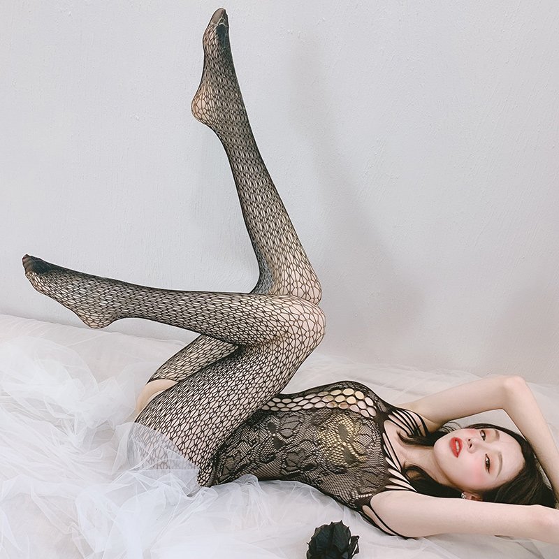 Crotchless bodystocking with flower lace SB - Bodystocking 8007 - Black photo-5