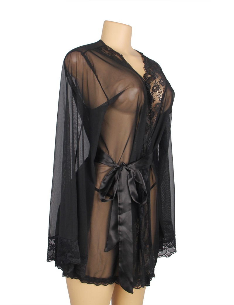 Long sleeve mesh sleepwear elegance robe with belt
Material... Ohyeah - Romantic Robe - Black - XL photo-7