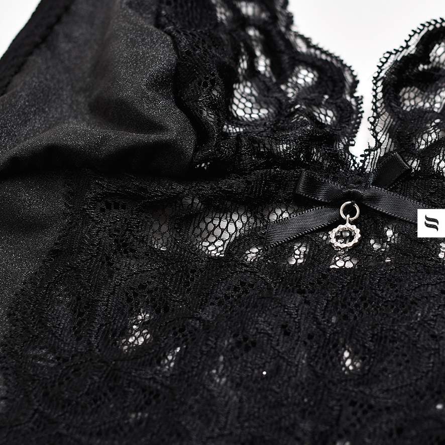 One – sexy straps. Two – gorgeous, glittery fabric. Three – ... Obsessive - Laluna Corset & Thong - Black - S/M photo-9