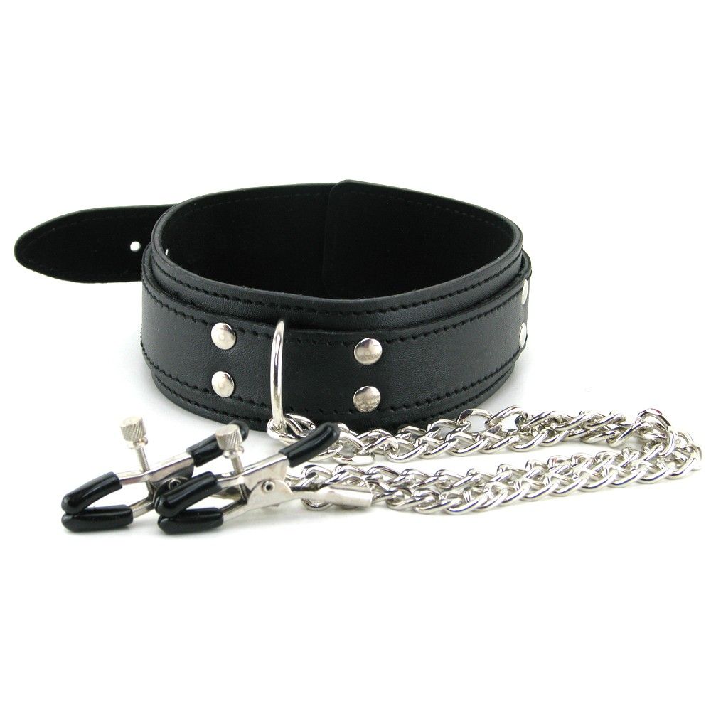 Gorgeous, vegan leather collar with attached nipple clamps p... Sportsheets - Collar with Nipple Clamps - Black photo-3