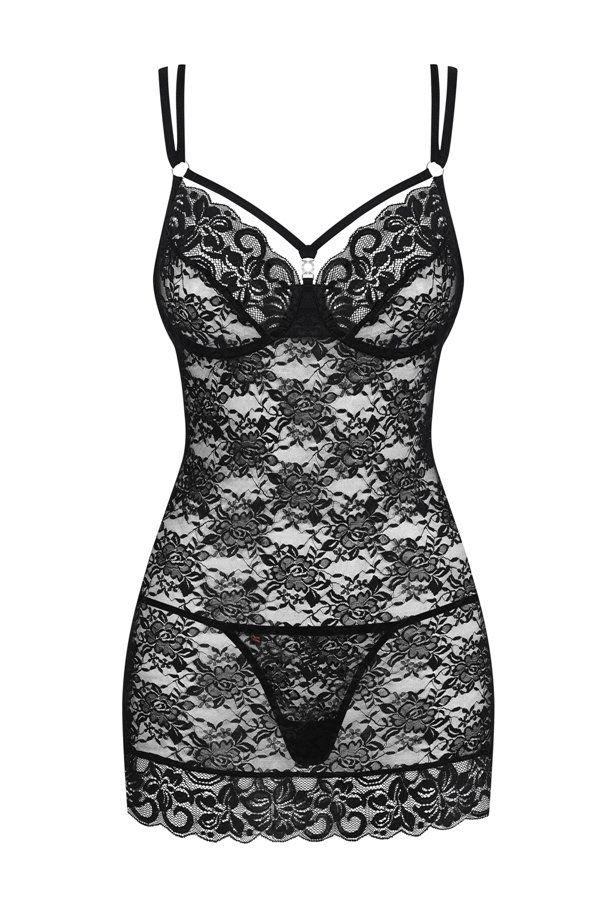 Your body covered with subtle flowers, your bust and back ad... Obsessive - 860-CHE-1 Chemise & Thong - Black - S/M photo-7