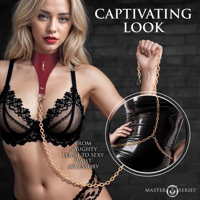 Elevate your kinky wardrobe with this sexy, vegan-leather bo... Master Series - Captivate Collar w Body Chain - Red photo-2