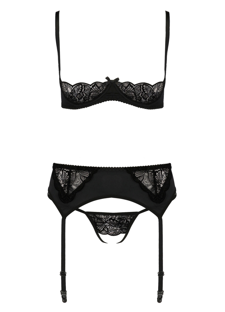 A three piece set that consists of a bra, garter belt and th... Casmir - Lauren Set w Open Bra - Black - S/M photo-5