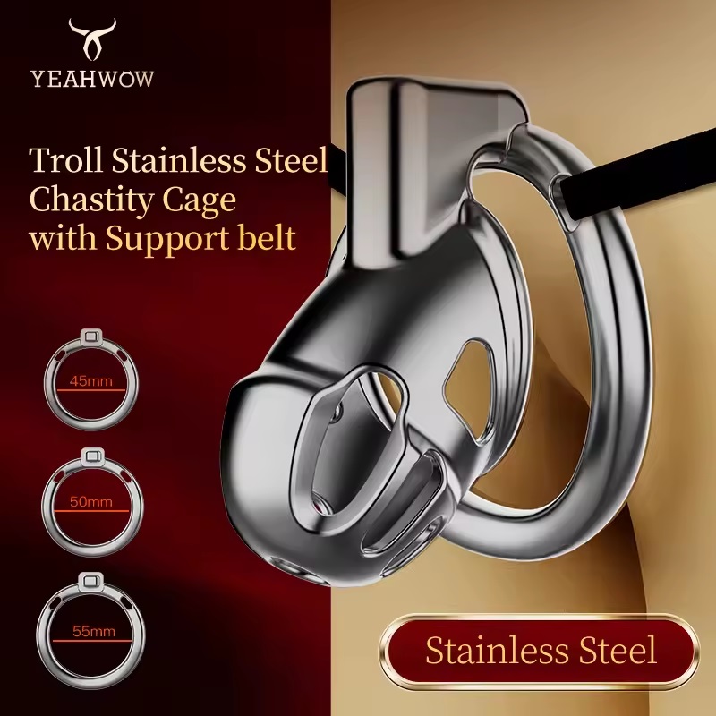 Stainless steel silver hollow short chastity lock with three... Yeahwow - Wearable Short Chastity Cage - Silver photo-2