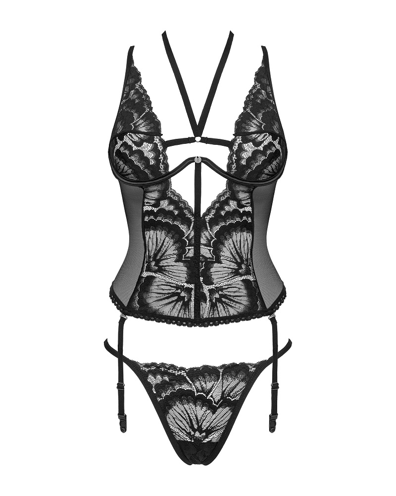 Sexy, black corset with lace elements in a floral pattern. A... Obsessive - Alessya Corset - Black - M/L photo-7