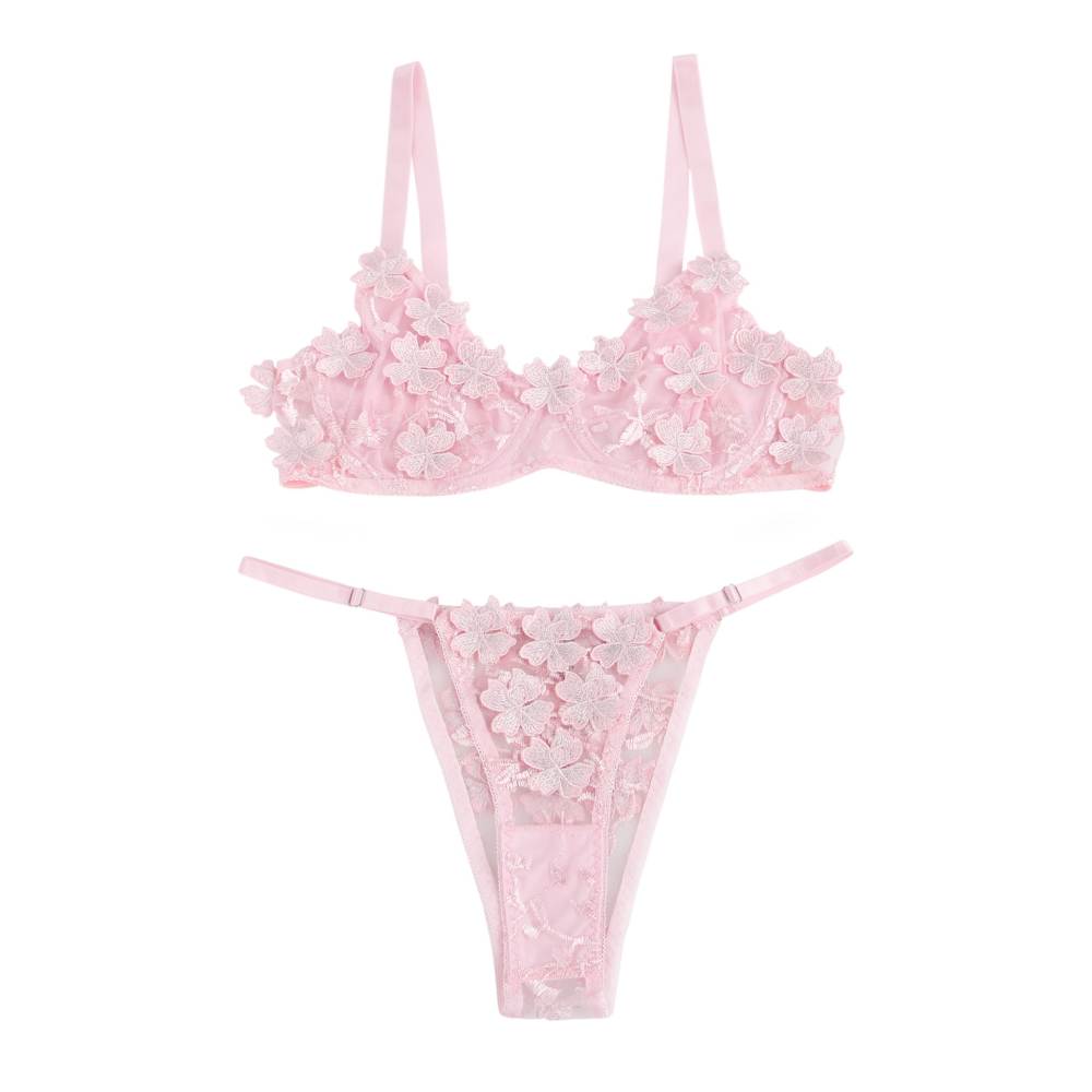 Pink sexy mesh embroidery lace bra set with cute floral deta... Ohyeah - Floral Bra Set - Pink - M photo-11