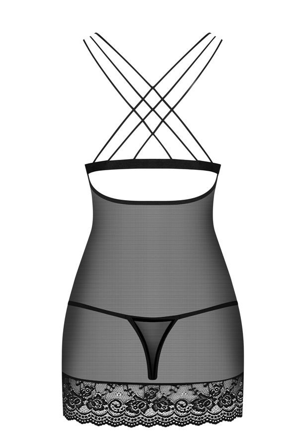 Aww yes! Black mesh, charming lace and sexy straps on the ba... Obsessive - 854-CHE-1 Chemise & Thong - Black - L/XL photo-9