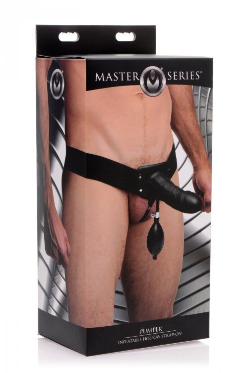 Pump up this hard cock and enjoy a swollen, hot rod to pound... Master Series - Pumper Inflatable Hollow Strap-On - Black photo-5