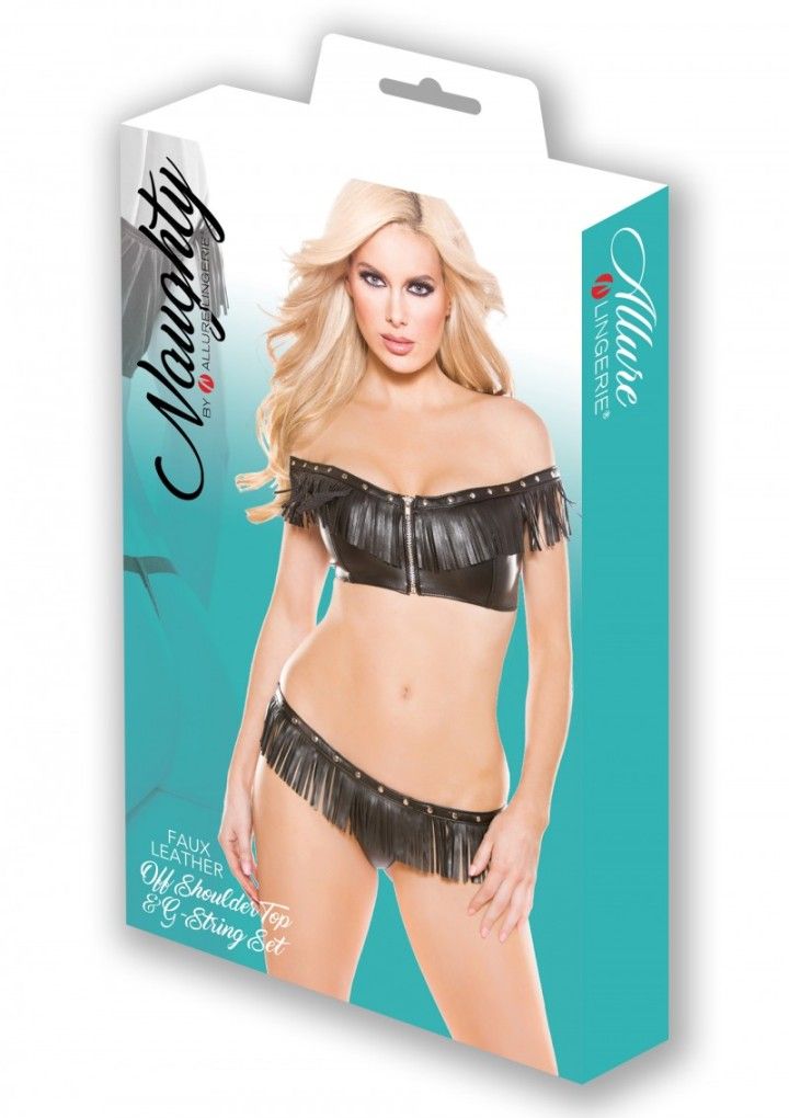 This sexy set features and off-the-shoulder fringe top with ... Allure - Faux Leather Top & G-String - Black photo-4