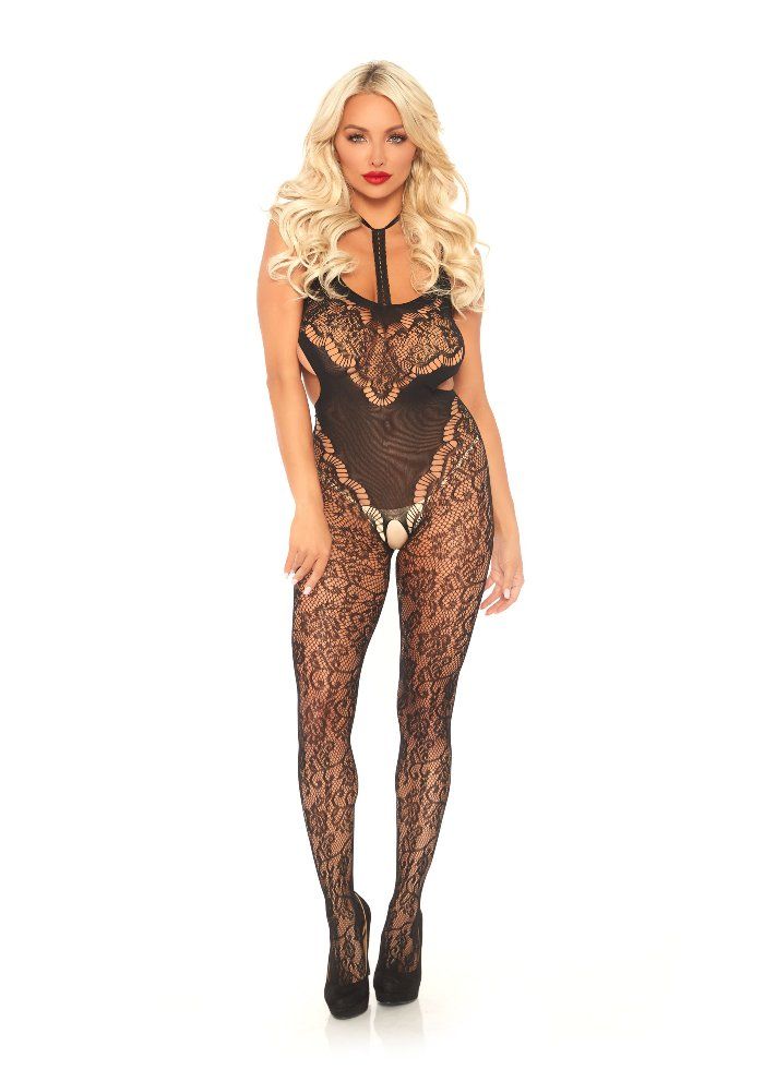Leg Avenue - Harness Halter Floral Lace Bodystocking - Black photo