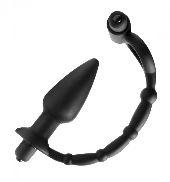 Tease them with double the pleasure...This dual stimulation ... Master Series - Viaticus Vibrating Cock Ring with Anal Vibe Plug - Black photo-2