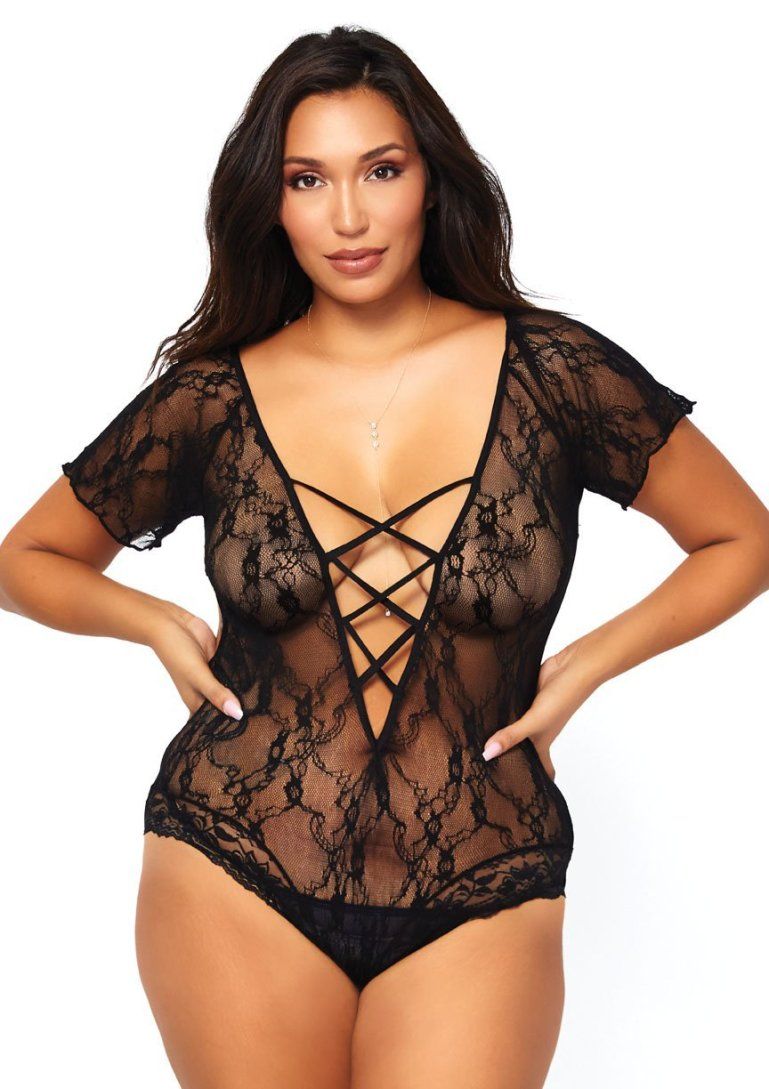 Floral lace faux lace up short sleeve bodysuit with O-ring s... Leg Avenue - Teddy w O-ring Strappy Back - Plus Size photo-3
