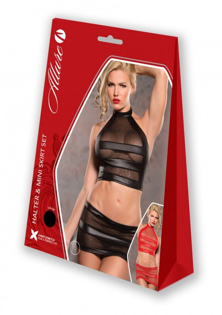 Allure two piece wet look and nylon cropped halter top and s... Allure - Halter & Mini Skirt Set - Black - S/M photo-6