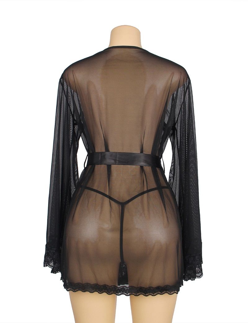 Long sleeve mesh sleepwear elegance robe with belt
Material... Ohyeah - Romantic Robe - Black - XL photo-8