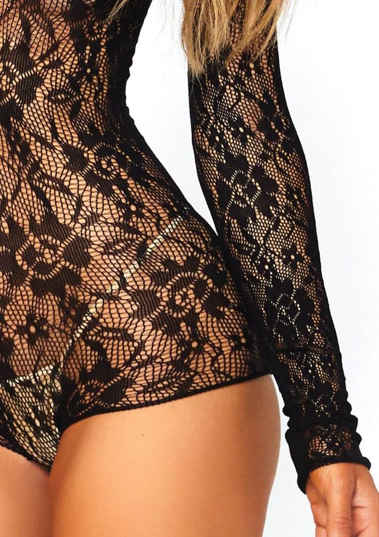 Long sleeved lace bodysuit romper with lace up front.
OS Leg Avenue - Seamless Romper w Lace Up - Black photo-4