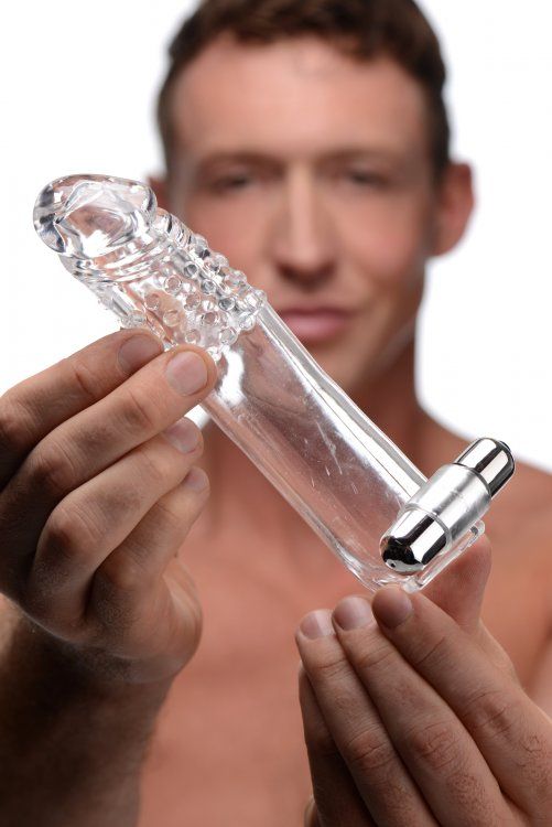 This semi-realistic sex sleeve combines girth, vibration, an... Size Matters - Penis Extender Vibro Sleeve with Bullet - Transparent photo-4