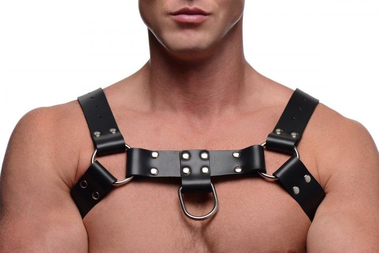 This fetish wear duo combines an enticing chest harness with... Strict Leather - English Bull Dog Harness w/Cock Strap - Black photo-4