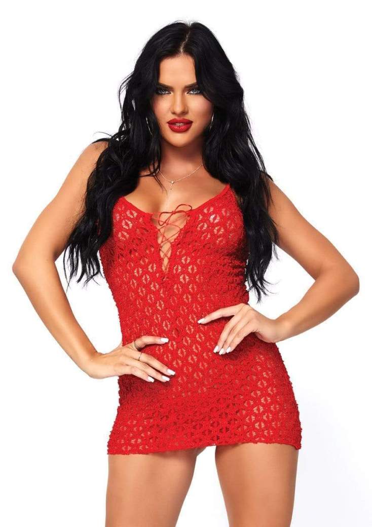 Leg Avenue - Lace Up Front Mini Dress Set - Red photo