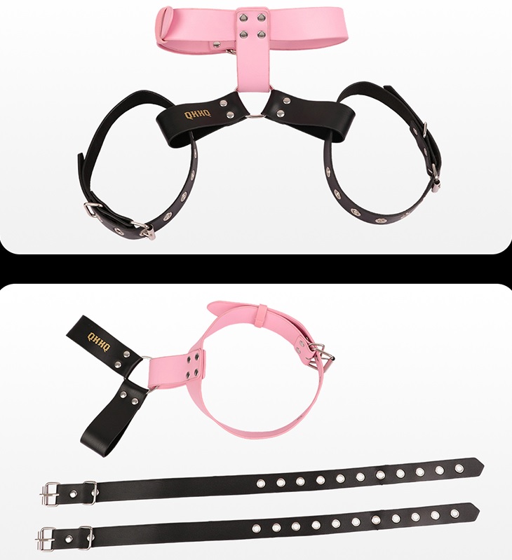 Adjustable BDSM chest bra harness with breast strap on and h... FAAK - Collar w Breast Belt - Pink/Black photo-8