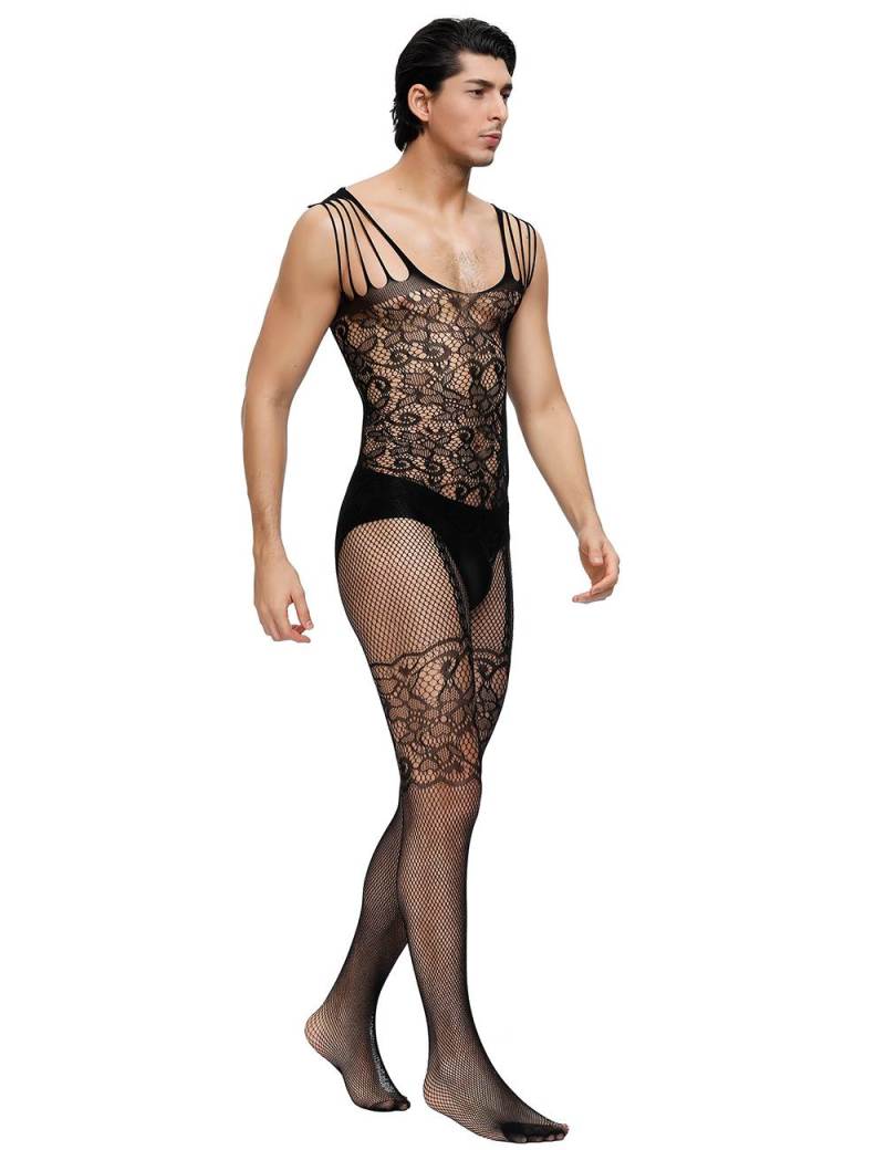 Strappy Shoulders Floral Motif Mesh Black Bodystockings For ... Ohyeah - Male Floral Bodystocking - Black photo-3