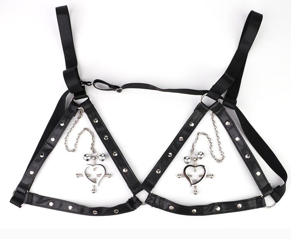 FAAK - Heart Screw Nipple Clamps Belt - Black 照片-5