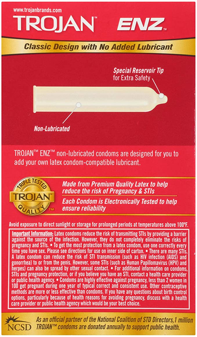 Trojan ENZ 红色包装安全套是美国第一款不含润滑剂的安全套。
此安全套不含润滑剂或杀精剂,因此您可以配合您喜... Trojan - ENZ 无润滑剂乳胶安全套 12片装 照片-2