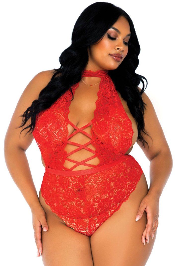 Leg Avenue - 高领碎花露背连身内衣 - 红色 - 1X-2X 照片-3