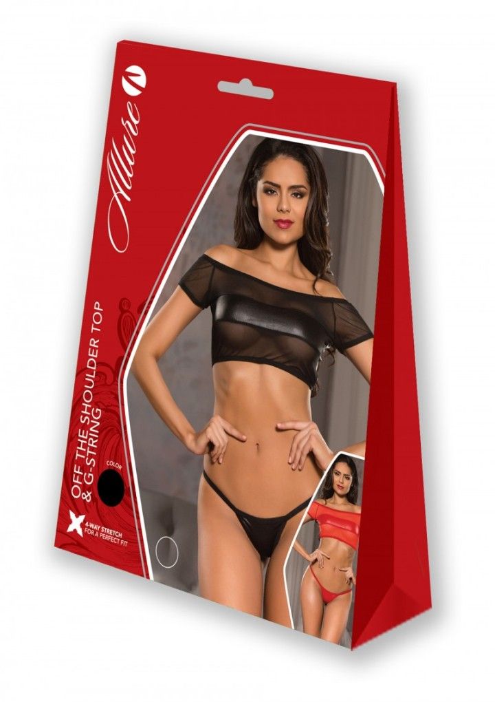 Allure black off the shoulder cropped top wet look back and ... Allure - Off The Shoulders Top & G-String - Black - S/M photo-5