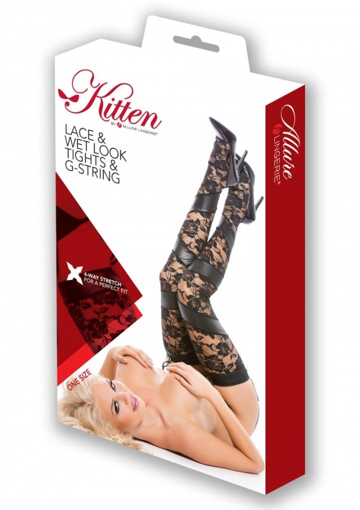 Ooh la la! These Lace and Wet Look Tights add instant glamou... Allure - Wetlook Tights with G-String - Black photo-4