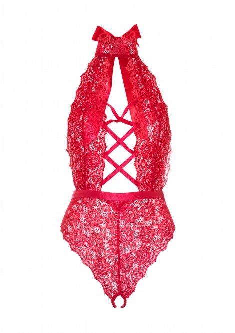 Leg Avenue - 高领碎花露背连身内衣 - 红色 - 1X-2X 照片-4