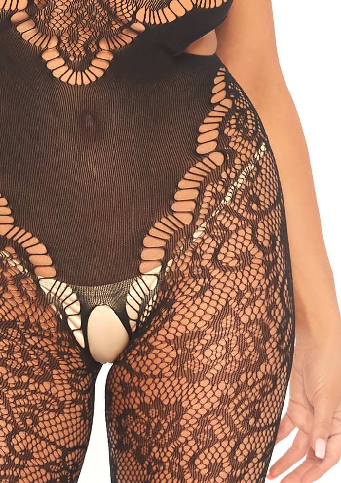 Leg Avenue - Harness Halter Floral Lace Bodystocking - Black photo