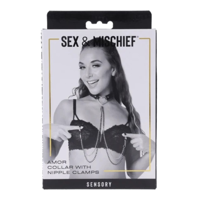 Sex&Mischief - Amor Collar w Nipple Clamps - Black photo-5