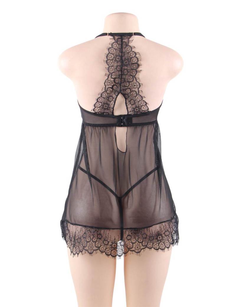 Sexy Black Sheer Floral Eyelash Trim Lace Babydoll Set with ... Ohyeah - Sheer Floral Babydoll - Black - M photo-6