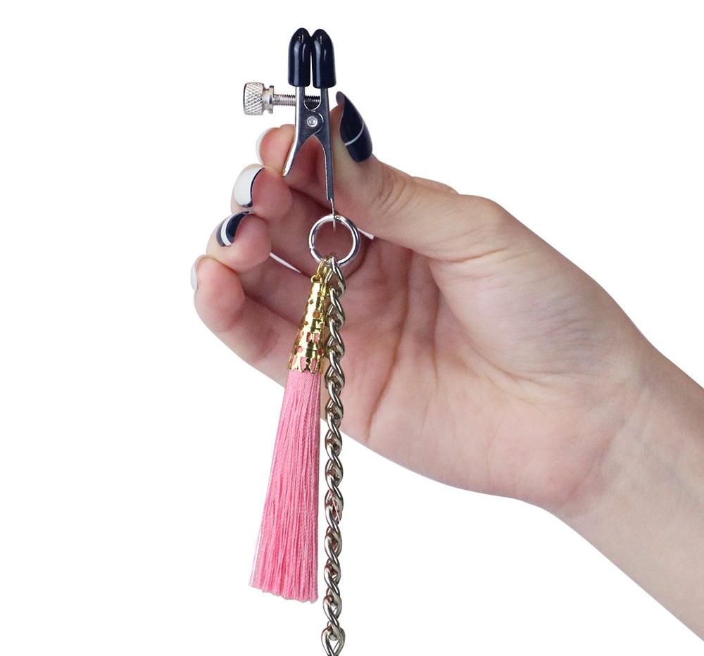 This sexy tassel nipple and clit clamp set feature 3 sexy ta... Lovetoy - Nipple Clit Tassel Clamp With Chain - Pink photo-2
