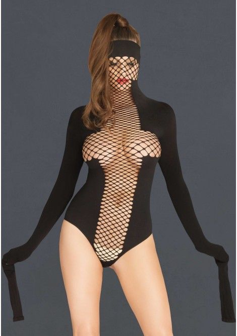 Opaque and net masked teddy with wrap around restraint sleev... Leg Avenue - Opaque & Net Masked Teddy - Black photo-3