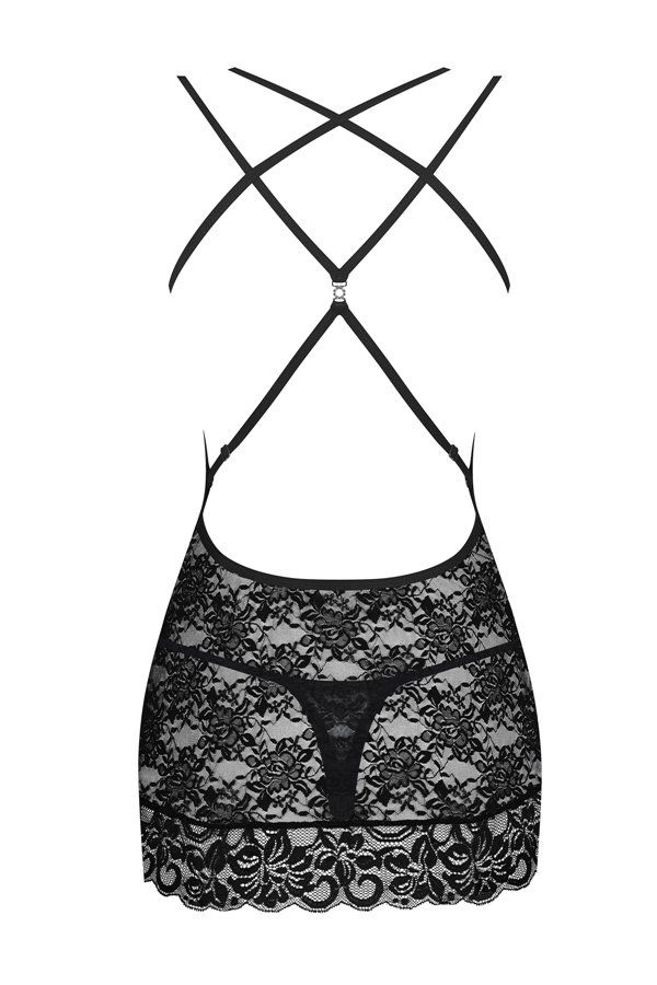Your body covered with subtle flowers, your bust and back ad... Obsessive - 860-CHE-1 Chemise & Thong - Black - S/M photo-8