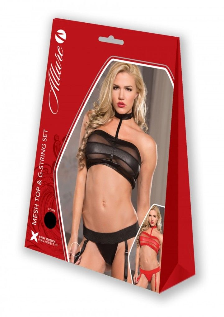 Allure black daring two-piece nylon and wet look bra and pan... Allure - Mesh Top & G-String Set - Black - S/M photo-5