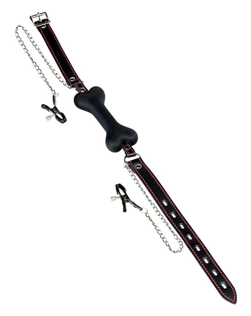 The silicone gag on the PU-leather strap makes it impossible... Theatre - Bit Bone Gag w Nipple Clamps - Black photo-4