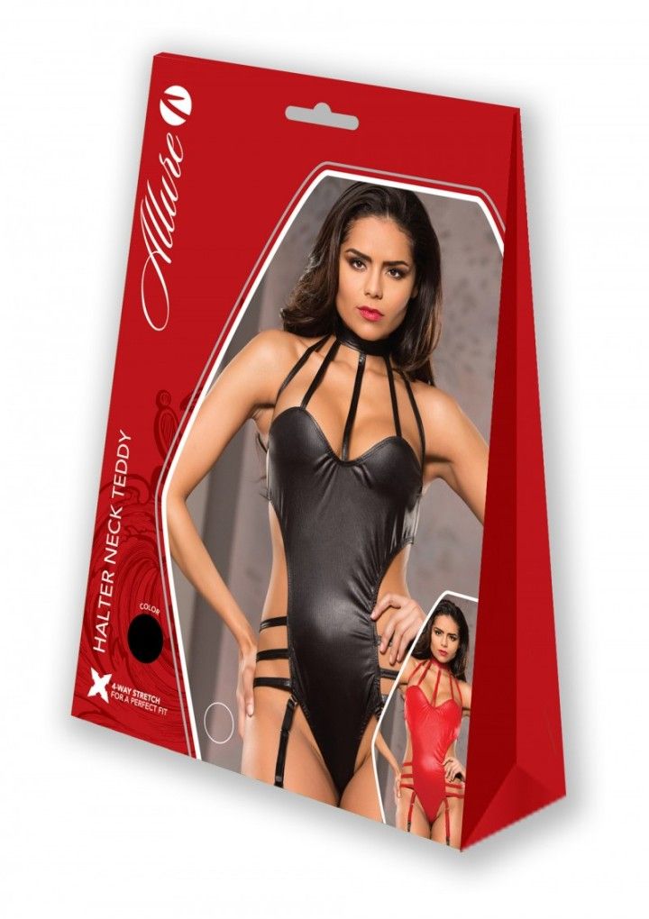 Allure black halter neck teddy with detachable garters. Allure - Halter Neck Teddy - Black - S/M photo-6