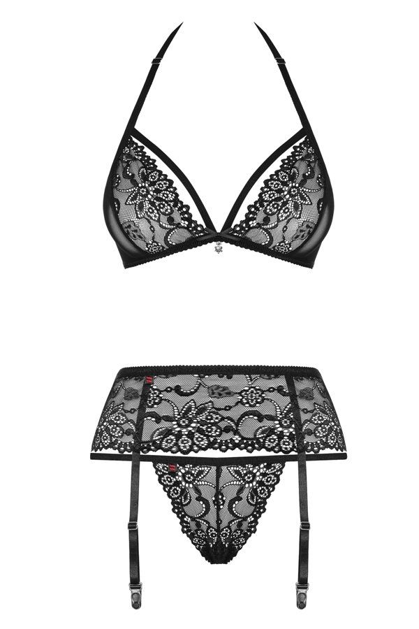 Black bra, garter belt and thong. Straps, lace and a little ... Obsessive - 838-SEG-1 Set 3-pcs - Black - S/M photo-8