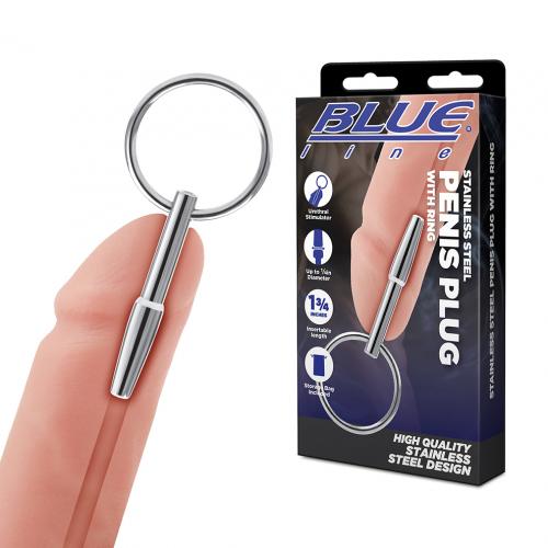 Blue Line - Penis Plug w Ring - Silver photo