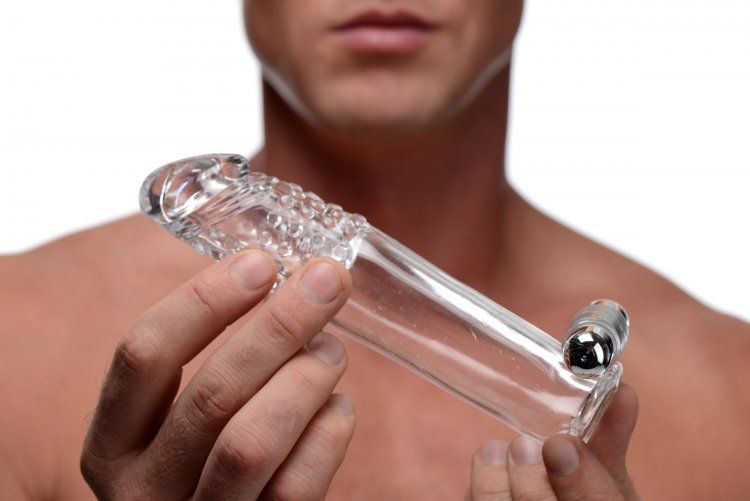 This semi-realistic sex sleeve combines girth, vibration, an... Size Matters - Penis Extender Vibro Sleeve with Bullet - Transparent photo-5
