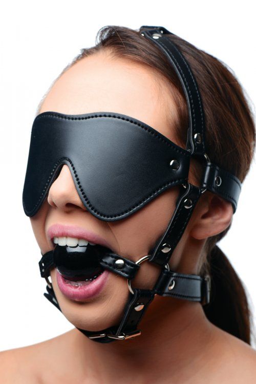Take away two of your playthings most essential senses when ... Strict - Eye Mask Harness with Ball Gag - Black photo-2