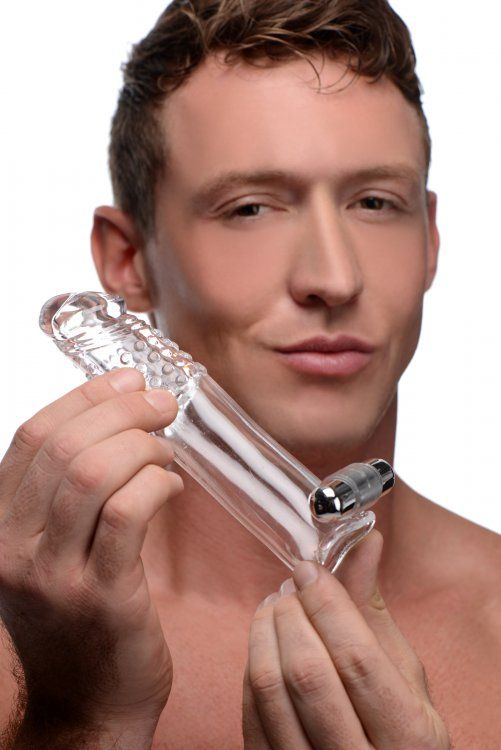 This semi-realistic sex sleeve combines girth, vibration, an... Size Matters - Penis Extender Vibro Sleeve with Bullet - Transparent photo-3