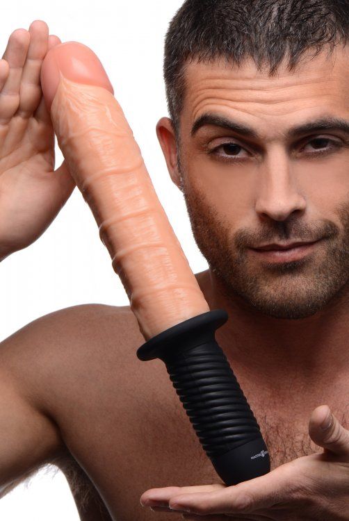 Grab it by the hilt and go deep! This realistic shaft looks ... Master Series - Onslaught 13 Mode XL Vibrating Dildo Thruster - Flesh photo-3