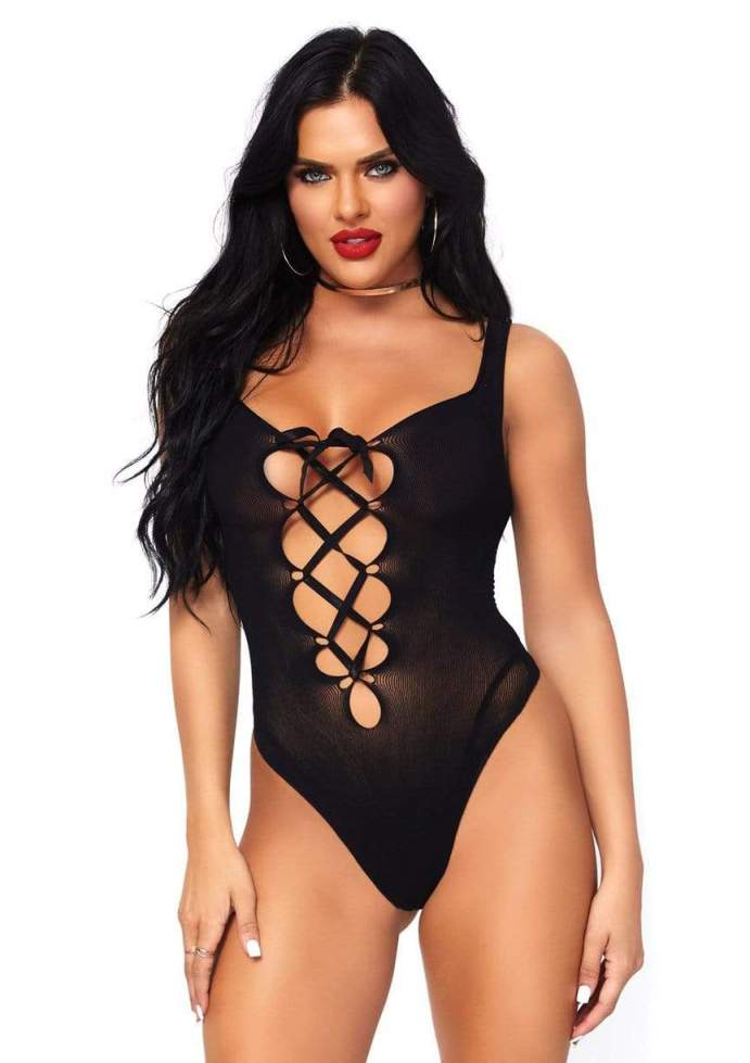 Opaque lace up thong bodysuit.
OS (fits sizes 2-12)... Leg Avenue - Lace Up Teddy - Black photo-3