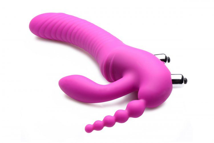 Ergonomically designed for the female body, this strapless s... Strap U - Regal Rider Vibrating Strapless Strap-on Triple G Dildo - Purple photo-2
