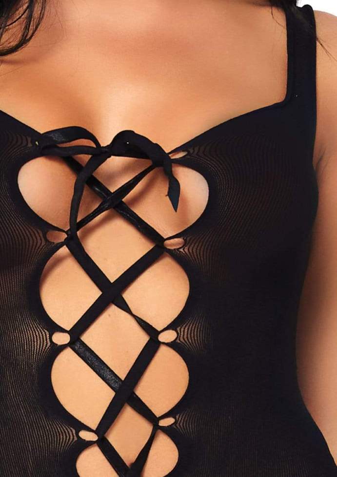 Opaque lace up thong bodysuit.
OS (fits sizes 2-12)... Leg Avenue - Lace Up Teddy - Black photo-4