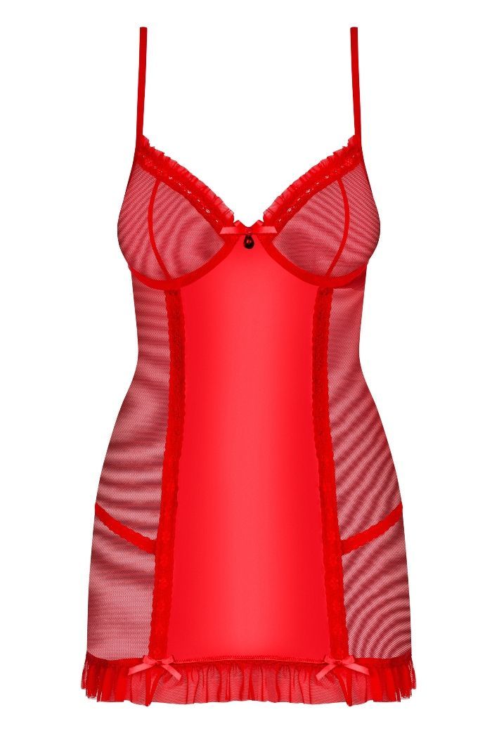 Wanna put on something incredibly sexy? Here you are! Glossy... Obsessive - 827-CHE-3 Chemise & Thong - Red - L/XL photo-5