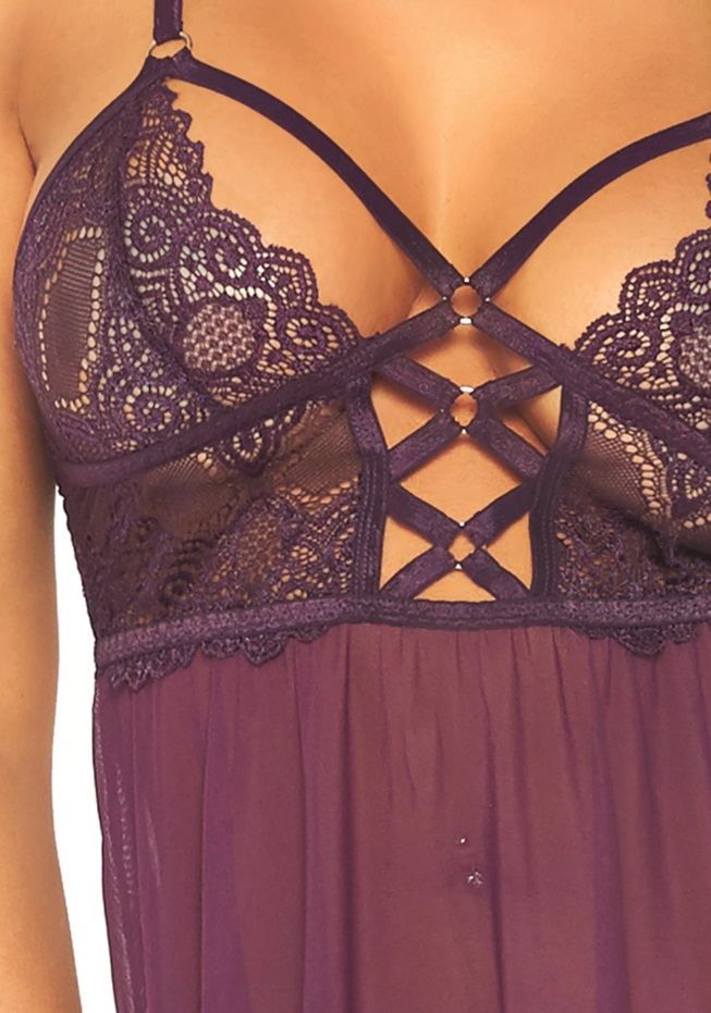 2 PC Sheer mesh and lace babydoll with cage strap O-ring bod... Leg Avenue - Babydoll w Cage Strap O-ring & G-String - Plum - M/L photo-3